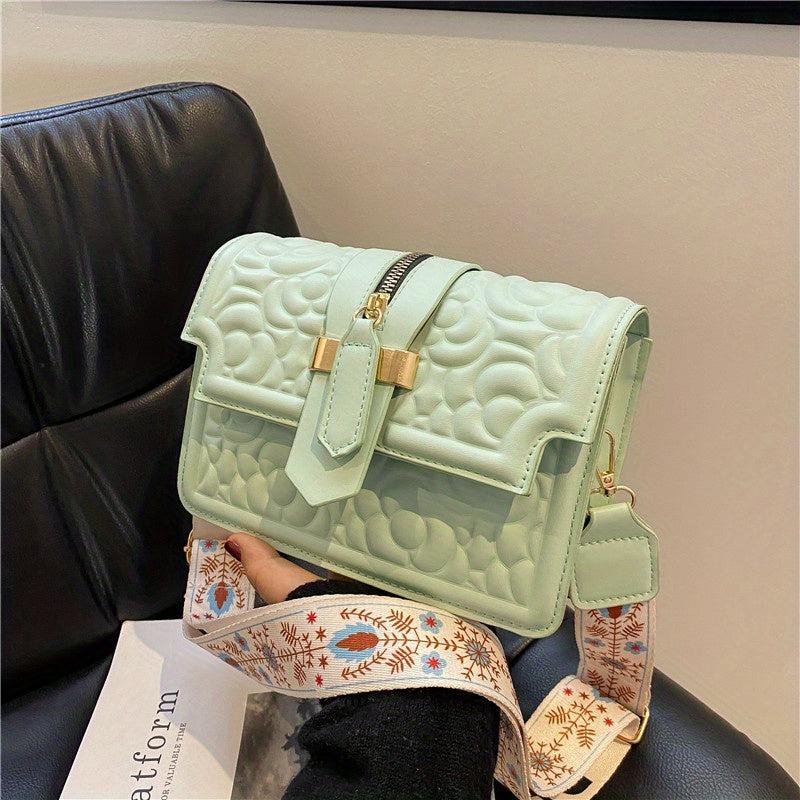 Flower Embossed Crossbody Bag Small PU Shoulder Bag Women's Flap Square Purses