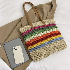 Colorful Straw Woven Tote Bag Large Capacity - Beach Handbag & Shoulder Bag
