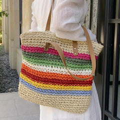 Colorful Straw Woven Tote Bag Large Capacity - Beach Handbag & Shoulder Bag