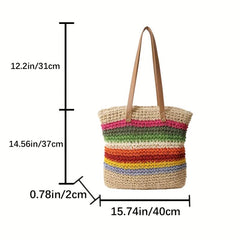 Colorful Straw Woven Tote Bag Large Capacity - Beach Handbag & Shoulder Bag