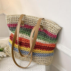 Colorful Straw Woven Tote Bag Large Capacity - Beach Handbag & Shoulder Bag