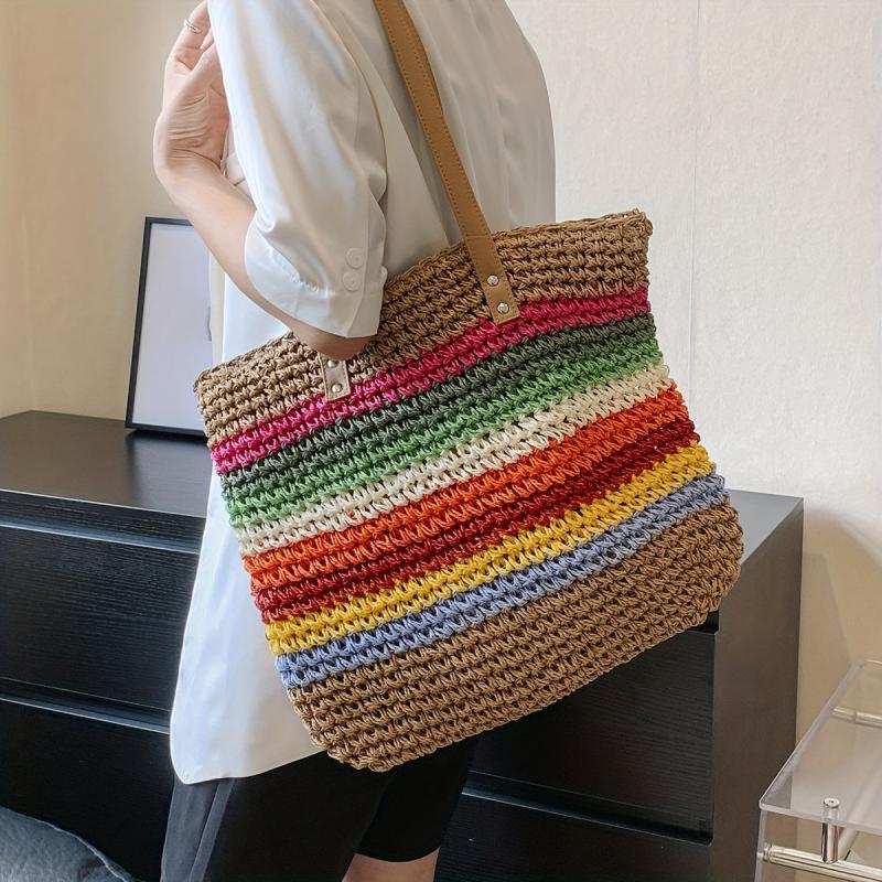 Colorful Straw Woven Tote Bag Large Capacity - Beach Handbag & Shoulder Bag