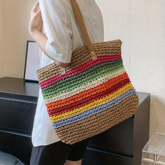 Colorful Straw Woven Tote Bag Large Capacity - Beach Handbag & Shoulder Bag
