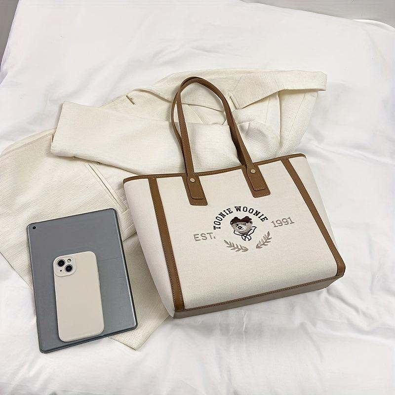 Bear Graphic Canvas Tote Bag Preppy Style Shoulder Bag Large Capacity Handbag