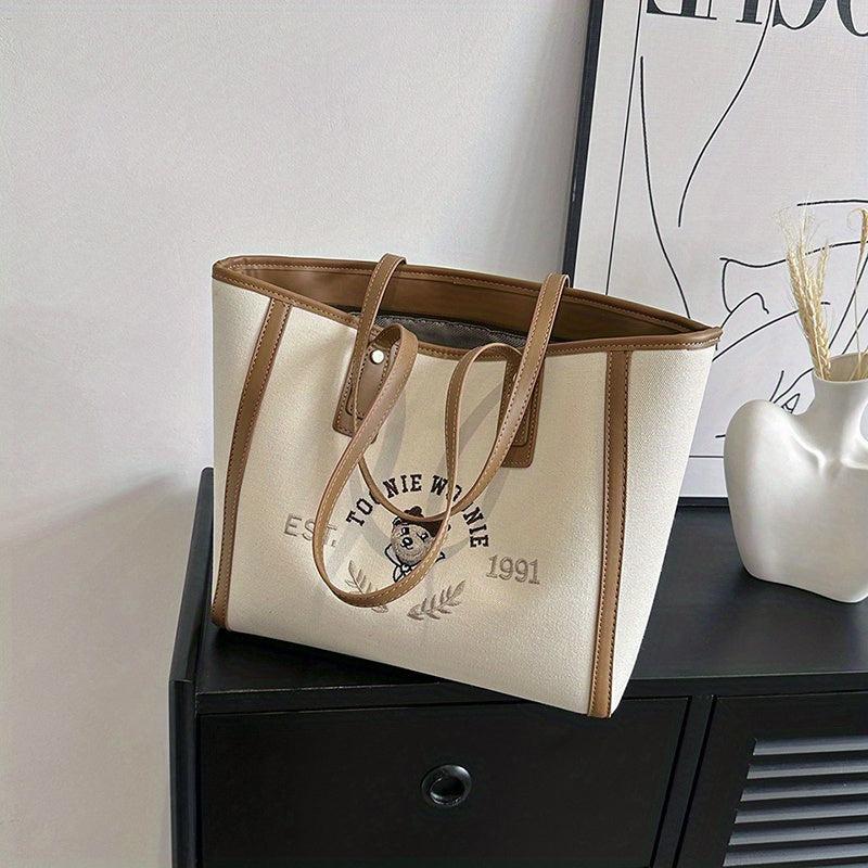 Bear Graphic Canvas Tote Bag Preppy Style Shoulder Bag Large Capacity Handbag