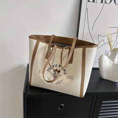 Bear Graphic Canvas Tote Bag Preppy Style Shoulder Bag Large Capacity Handbag