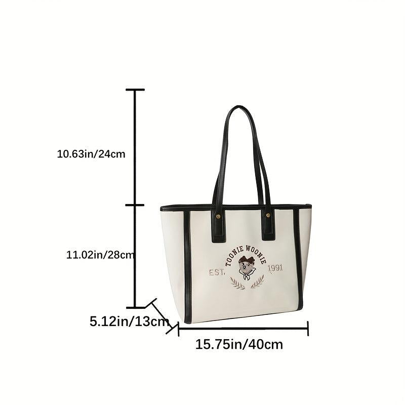 Bear Graphic Canvas Tote Bag Preppy Style Shoulder Bag Large Capacity Handbag