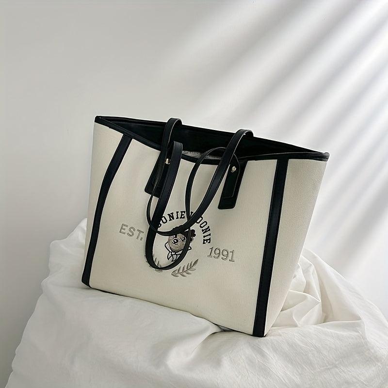 Bear Graphic Canvas Tote Bag Preppy Style Shoulder Bag Large Capacity Handbag