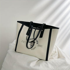 Bear Graphic Canvas Tote Bag Preppy Style Shoulder Bag Large Capacity Handbag