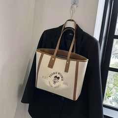 Bear Graphic Canvas Tote Bag Preppy Style Shoulder Bag Large Capacity Handbag