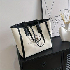 Bear Graphic Canvas Tote Bag Preppy Style Shoulder Bag Large Capacity Handbag