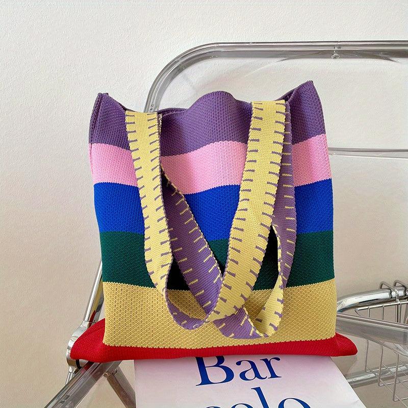 Colorful Stripes Knitted Tote Bag Slouchy Rainbow Large Capacity Handbag