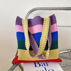 Colorful Stripes Knitted Tote Bag Slouchy Rainbow Large Capacity Handbag