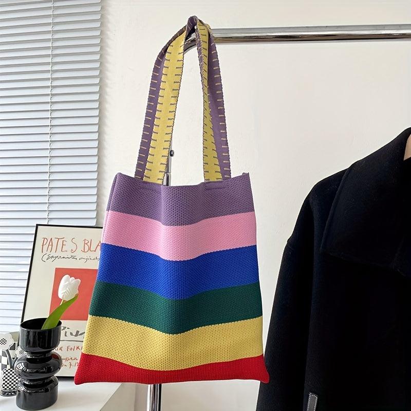 Colorful Stripes Knitted Tote Bag Slouchy Rainbow Large Capacity Handbag