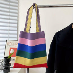 Colorful Stripes Knitted Tote Bag Slouchy Rainbow Large Capacity Handbag