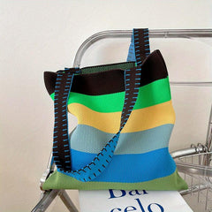 Colorful Stripes Knitted Tote Bag Slouchy Rainbow Large Capacity Handbag