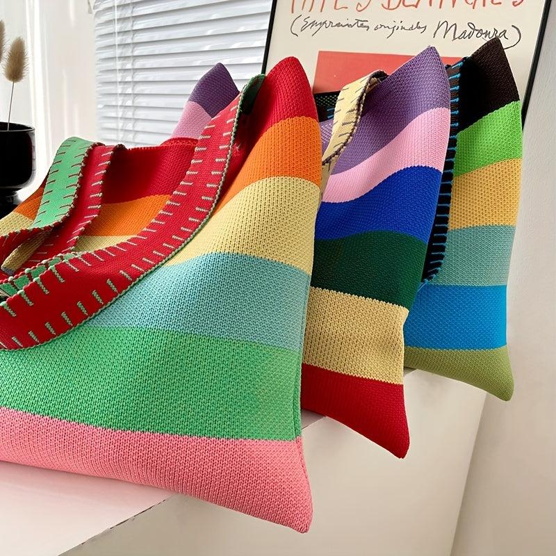 Colorful Stripes Knitted Tote Bag Slouchy Rainbow Large Capacity Handbag