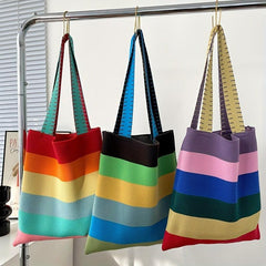 Colorful Stripes Knitted Tote Bag Slouchy Rainbow Large Capacity Handbag
