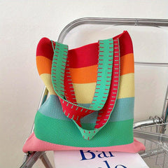 Colorful Stripes Knitted Tote Bag Slouchy Rainbow Large Capacity Handbag
