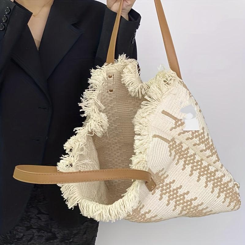 Colorblock Straw Tote Bag Shoulder Travel Beach Storage Bag