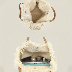 Colorblock Straw Tote Bag Shoulder Travel Beach Storage Bag