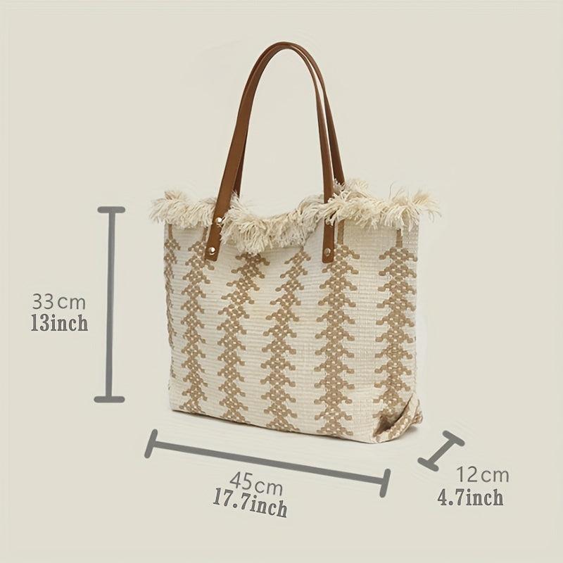 Colorblock Straw Tote Bag Shoulder Travel Beach Storage Bag