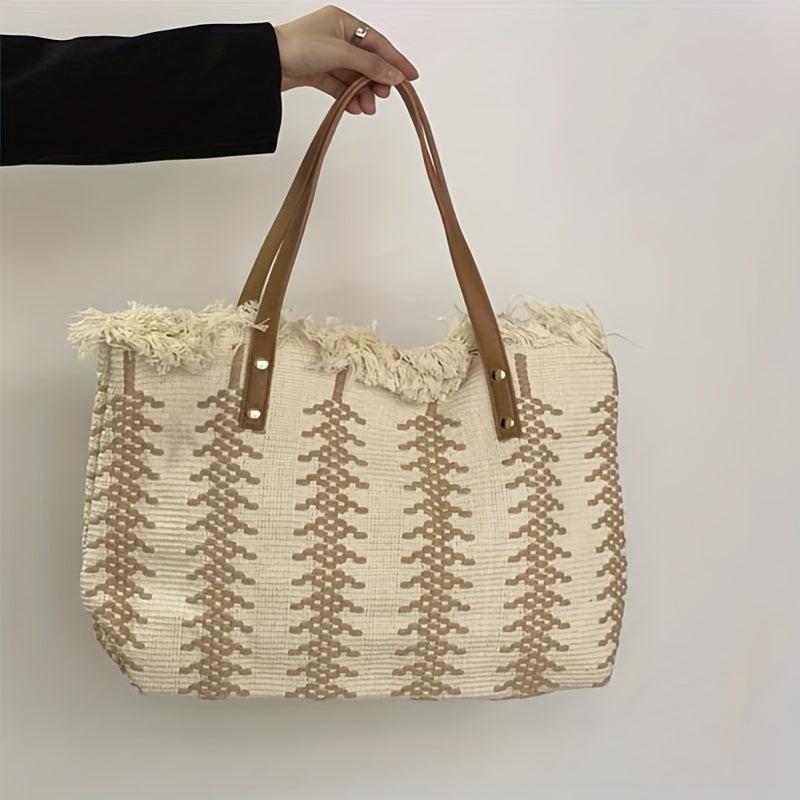 Colorblock Straw Tote Bag Shoulder Travel Beach Storage Bag