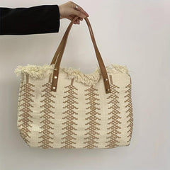 Colorblock Straw Tote Bag Shoulder Travel Beach Storage Bag