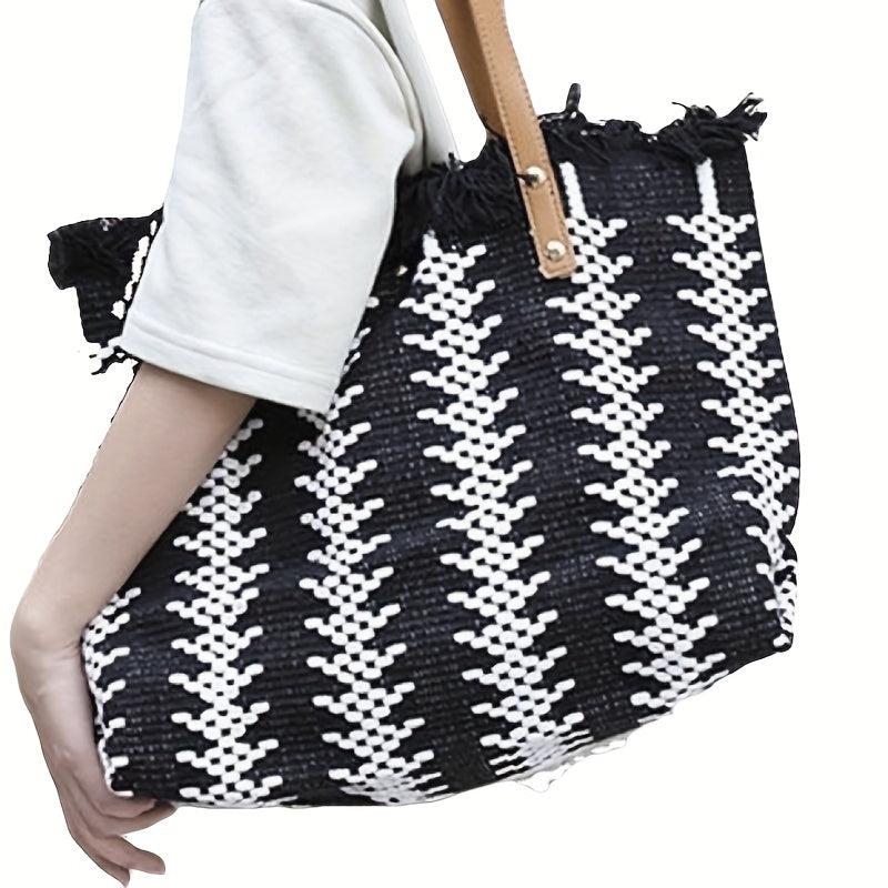 Colorblock Straw Tote Bag Shoulder Travel Beach Storage Bag