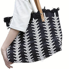 Colorblock Straw Tote Bag Shoulder Travel Beach Storage Bag