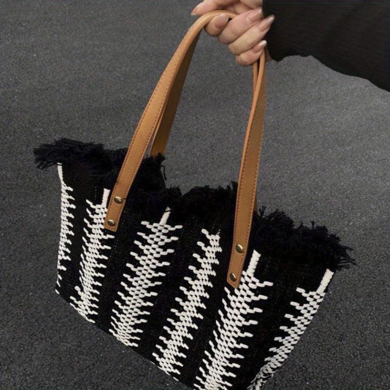Colorblock Straw Tote Bag Shoulder Travel Beach Storage Bag