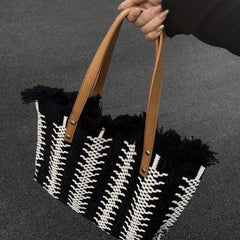 Colorblock Straw Tote Bag Shoulder Travel Beach Storage Bag
