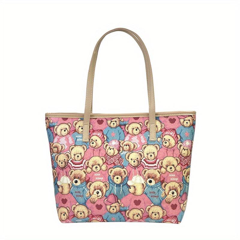 Versatile Bear Pattern Tote Bag PU Leather Shoulder Shopping Bag Women