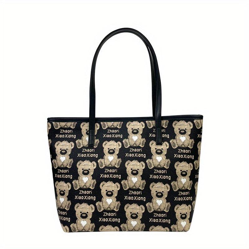 Versatile Bear Pattern Tote Bag PU Leather Shoulder Shopping Bag Women