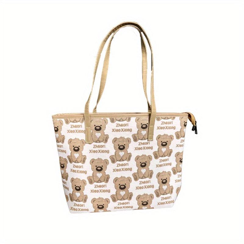 Versatile Bear Pattern Tote Bag PU Leather Shoulder Shopping Bag Women