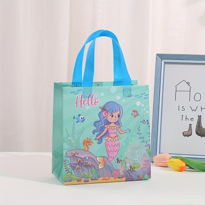 4PCS Mermaid Pattern Birthday Party Bags Reusable Tote Bags Shopper Grocery Bags