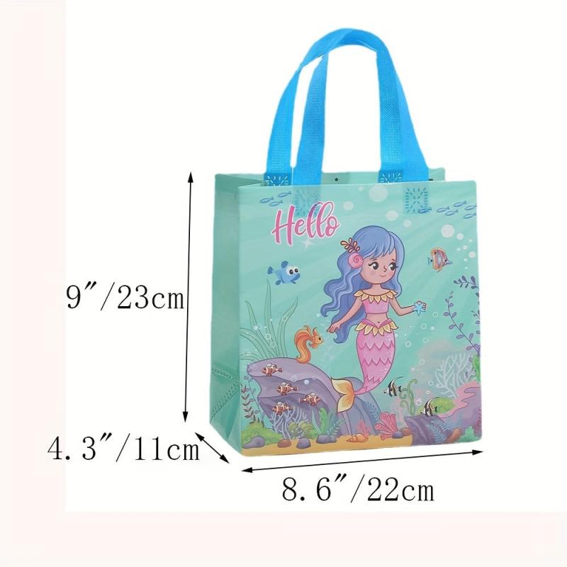 4PCS Mermaid Pattern Birthday Party Bags Reusable Tote Bags Shopper Grocery Bags