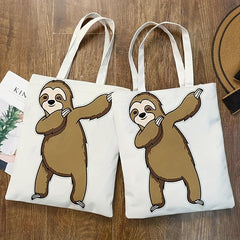 Cartoon Sloth Print Canvas Bag Lightweight Shoulder Bag
