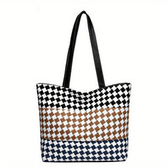 Colorblock Plaid Pattern Tote Bag Lightweight Shoulder Bag All Match