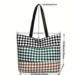 Colorblock Plaid Pattern Tote Bag Lightweight Shoulder Bag All Match