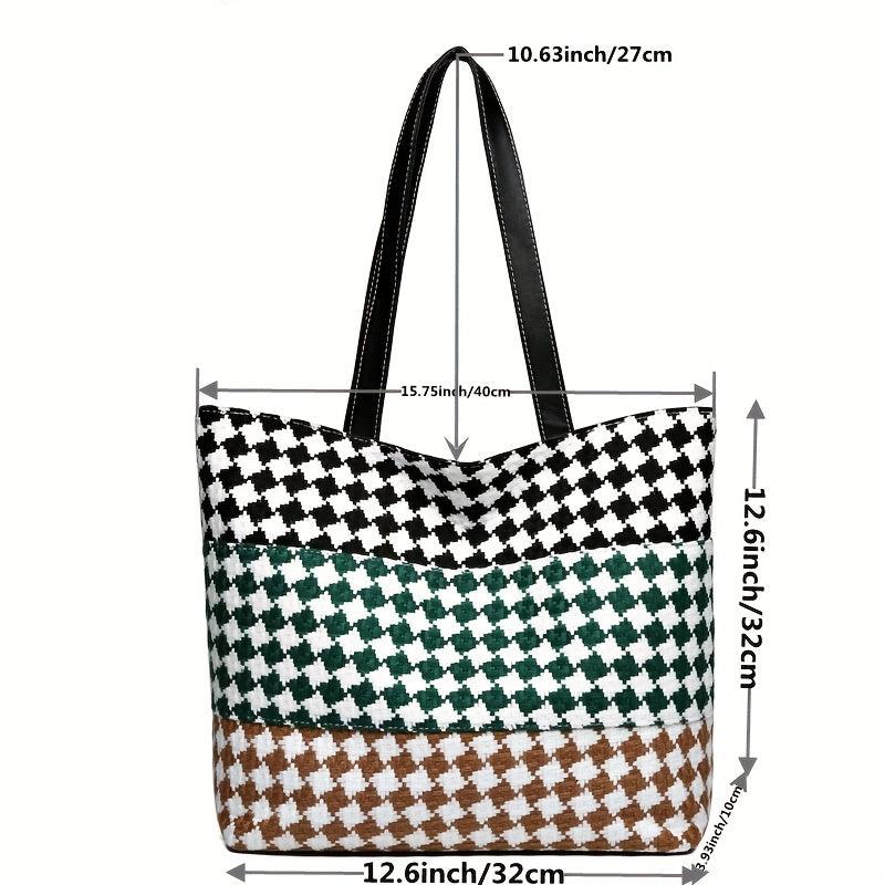 Colorblock Plaid Pattern Tote Bag Lightweight Shoulder Bag All Match