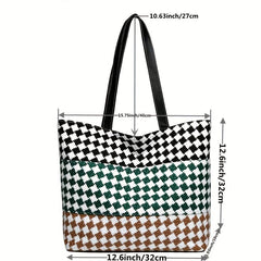 Colorblock Plaid Pattern Tote Bag Lightweight Shoulder Bag All Match