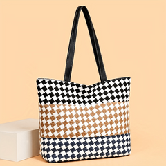 Colorblock Plaid Pattern Tote Bag Lightweight Shoulder Bag All Match