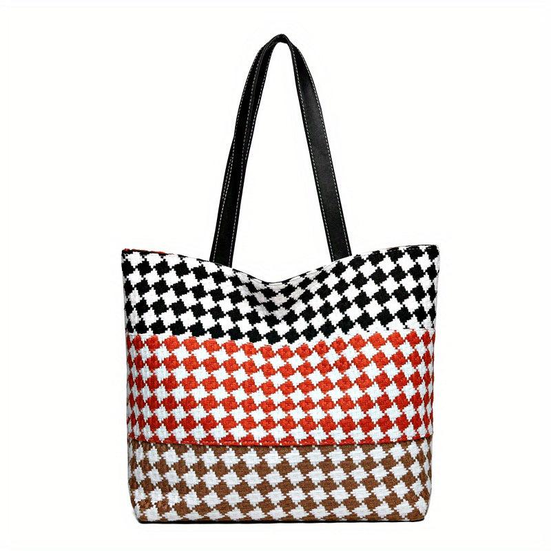 Colorblock Plaid Pattern Tote Bag Lightweight Shoulder Bag All Match