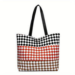 Colorblock Plaid Pattern Tote Bag Lightweight Shoulder Bag All Match