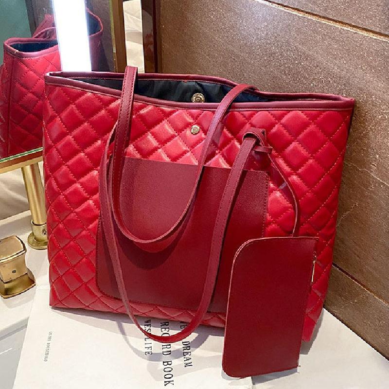 Argyle Pattern Tote Bag with Clutch Pouch