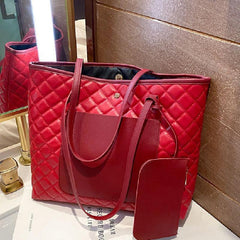 Argyle Pattern Tote Bag with Clutch Pouch