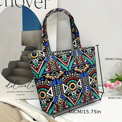 Ethnic Style Canvas Tote Bag Geometric Print Shoulder Bag