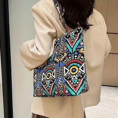 Ethnic Style Canvas Tote Bag Geometric Print Shoulder Bag