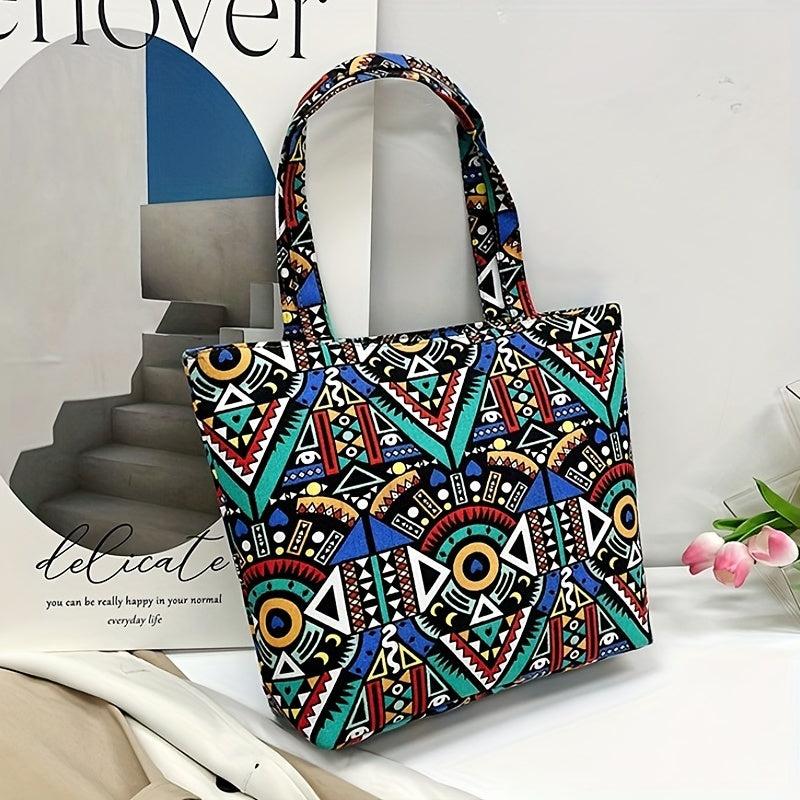 Ethnic Style Canvas Tote Bag Geometric Print Shoulder Bag
